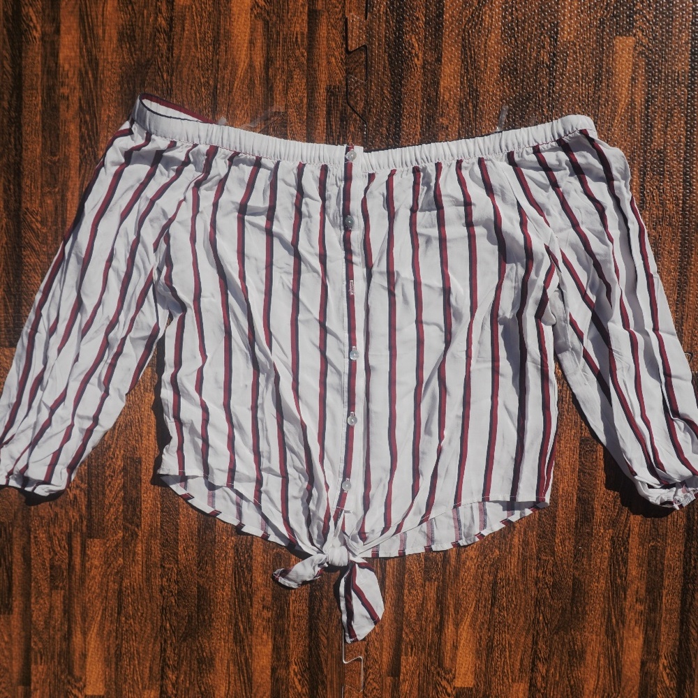 red and white stripped off the shoulder Q shirt